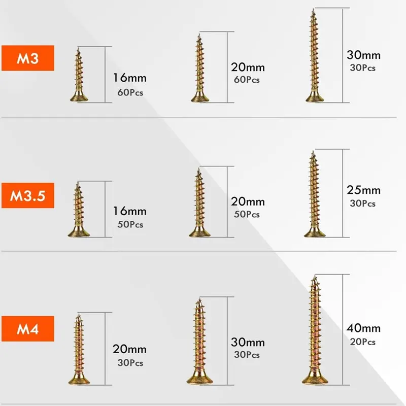 360PCS Self-Tapping Wood Screws Set - M3/M3.5/M4 Countersunk Head Screws for DIY Woodworking & Repair Projects