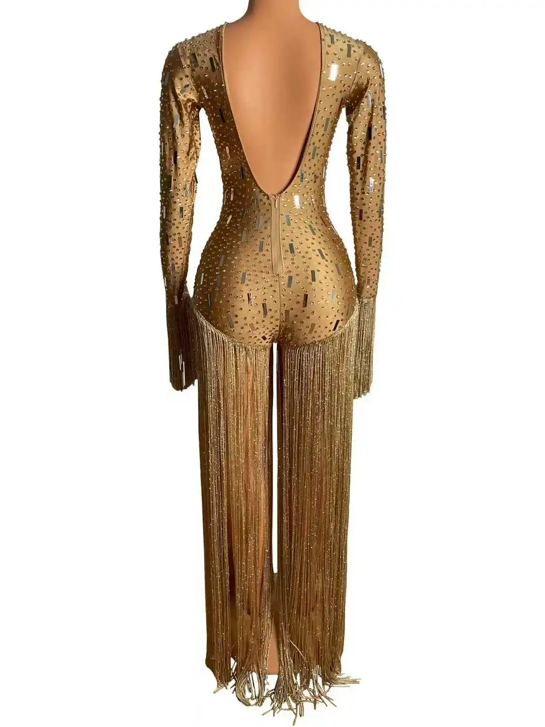 Przyciągające wzrok, błyszczące, eleganckie, brokatowe damskie body z frędzlami na powrót do domu, świętowanie, kostiumy królowej pokazów w Las Vegas.