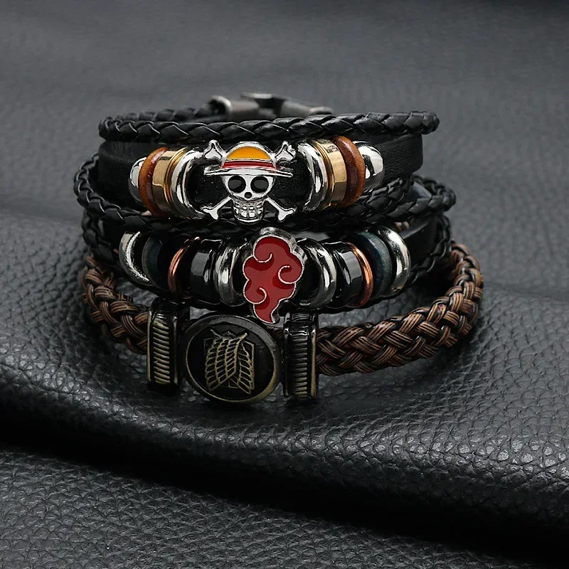 Bandai Anime One Piece Pirate Bracelet Cartoon Action Doll Lufei Straw Hat Punk Black Leather Woven Bracelet Toy Birthday Gift