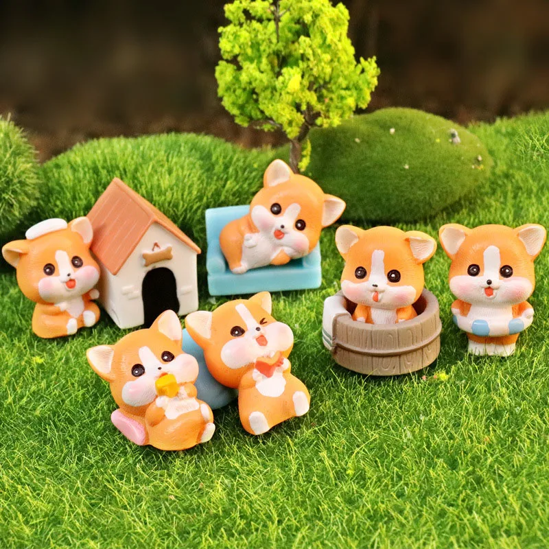 Simulation Puppy Cute Dog Corgi Family Bonsai Landscape Fairy Garden Miniatures Jungle Ornament Home Dollhouse Farm Decoration