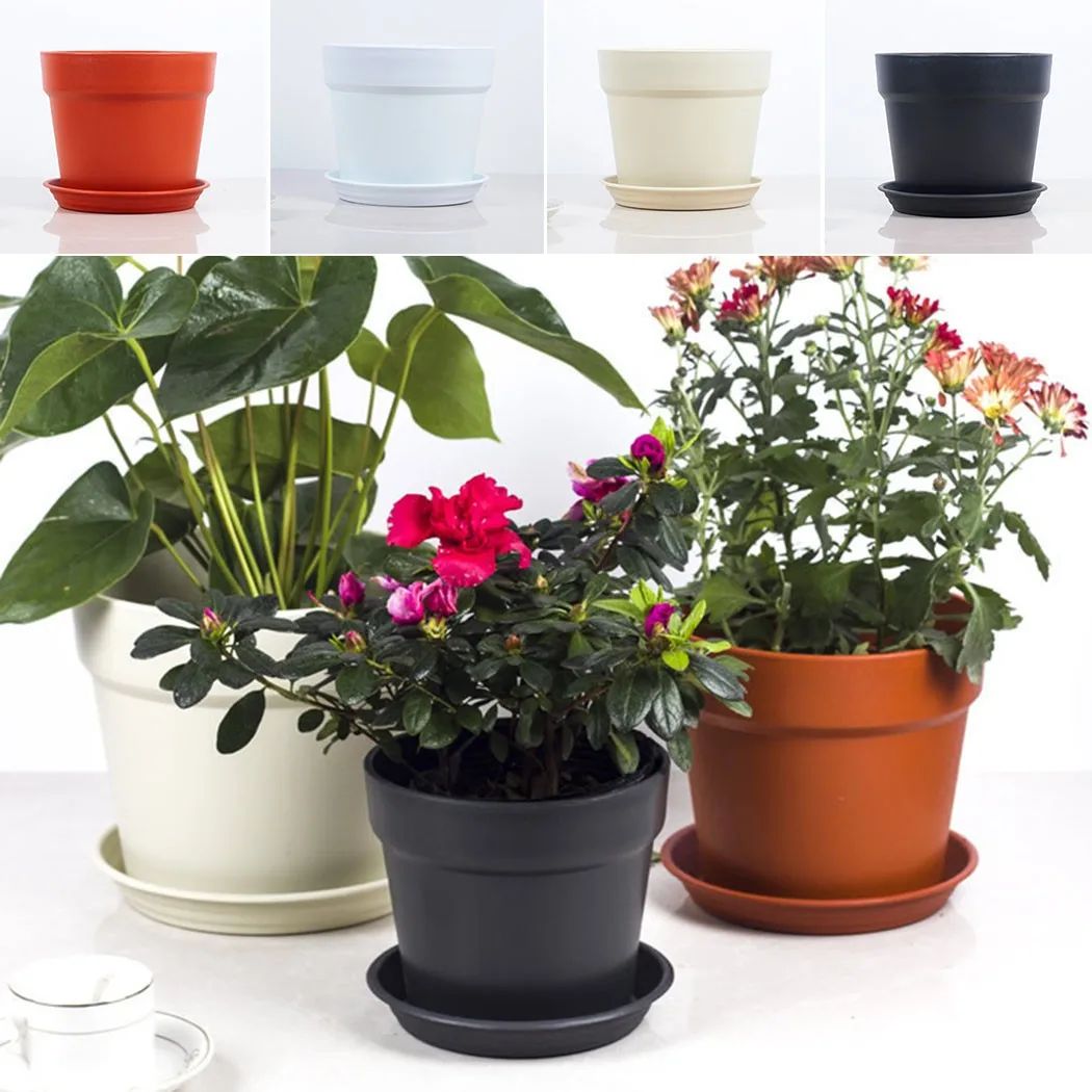 Maceta de plástico blanca con bandeja, cerámica para plantas de 9,5 cm x 9cm, resina roja, agua redonda, contenedor negro Beige, cultivo de jardín