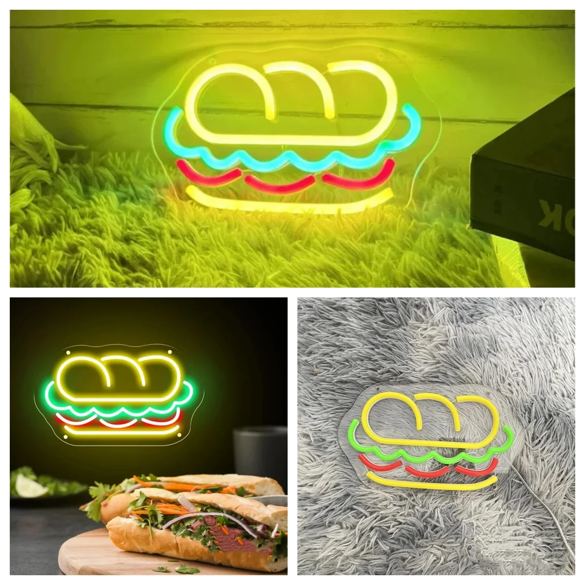 Letrero de neón de Baguette de sándwiches, letrero de neón LED personalizado para restaurante de hamburguesas, decoración de pared del hogar, decoración del Hoagie, comida rápida, cafetería