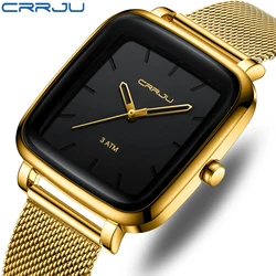 CRRJU Mens Watches Top Brand Luxury Square Golden Quartz Casual Slim Mesh Steel Waterproof Watch Relogio Masculino