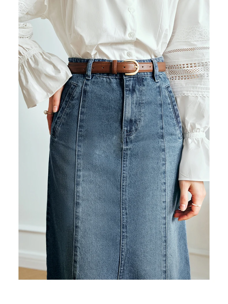 

OLrain Women Blue Denim Midi Skirt 2025 Autumn Retro Cotton Office Wear Slit Casual Elegant Ladies High Waist Skirts N56QB81392