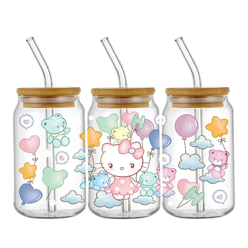 Cartoon HelloKitty UV DTF Transfer Sticker 16oz Cup Wrap For 16oz Libbey Glass Can Bottle Self-adhesive Waterproof Decals