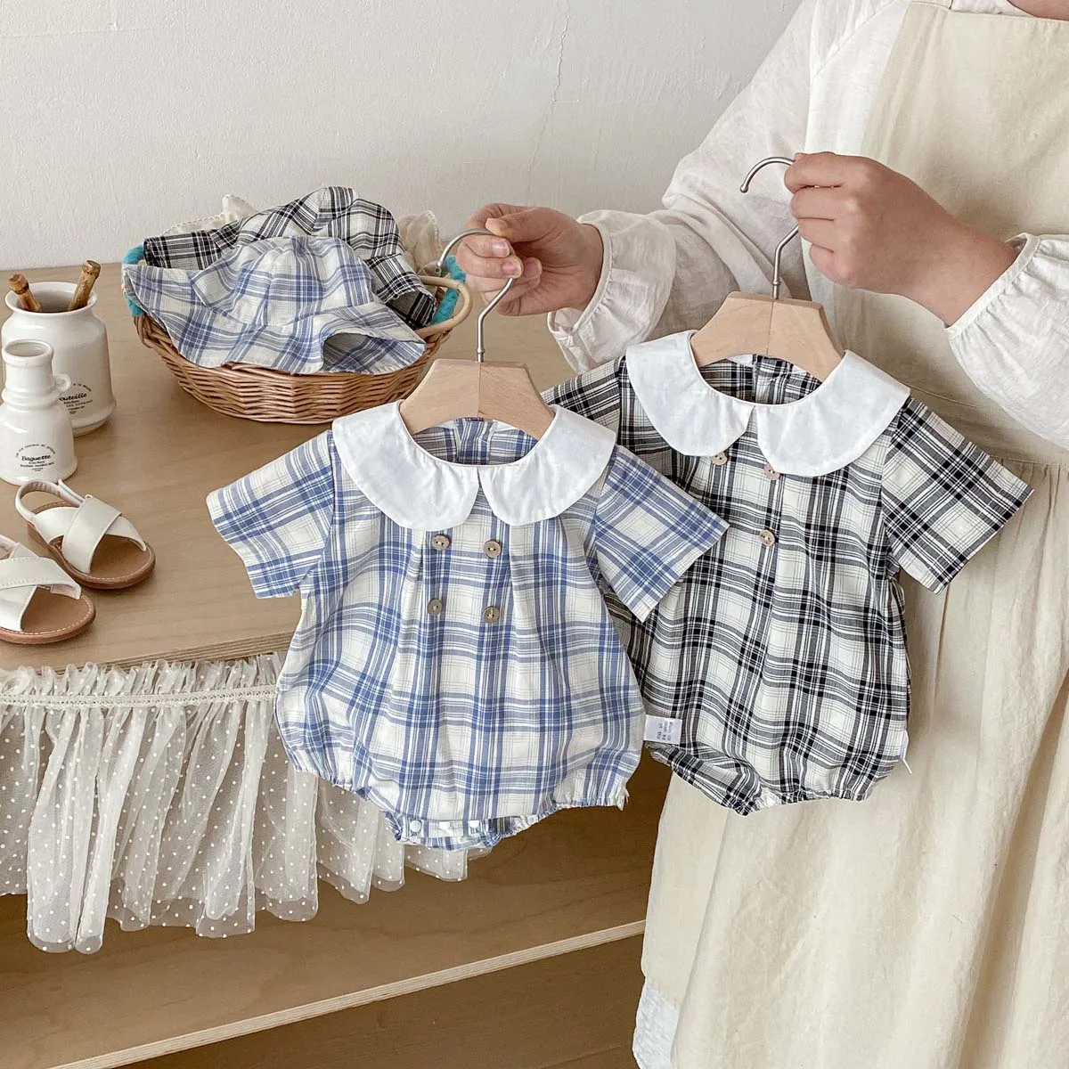 2Pcs/Set Baby Boy Plaid Romper + Hat Summer Short Sleeve Peter Pan Collar Infant Outfit 0-24m