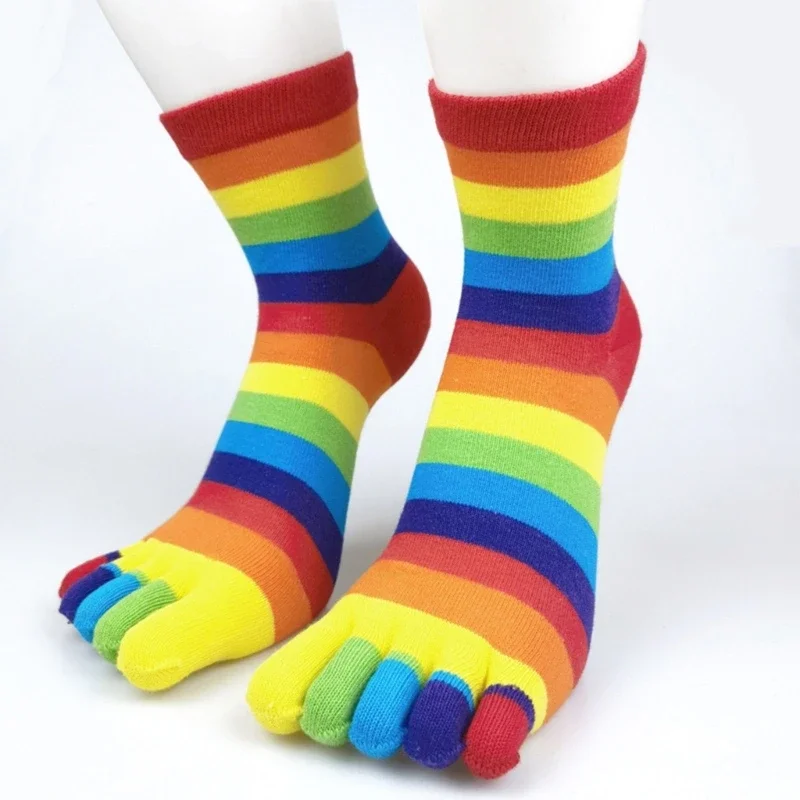 

Funny Novelty Bright Color Toe Socks for Women Korean Rainbow Striped Five Finger Middle Tube Cotton Anklet Wholesale