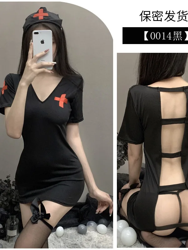 New Sexy Backless Solid Short Temptation Nurse Uniforms Mature Charm Elegant Gentle Hollow Out Seductive Lingerie Dress XGJP