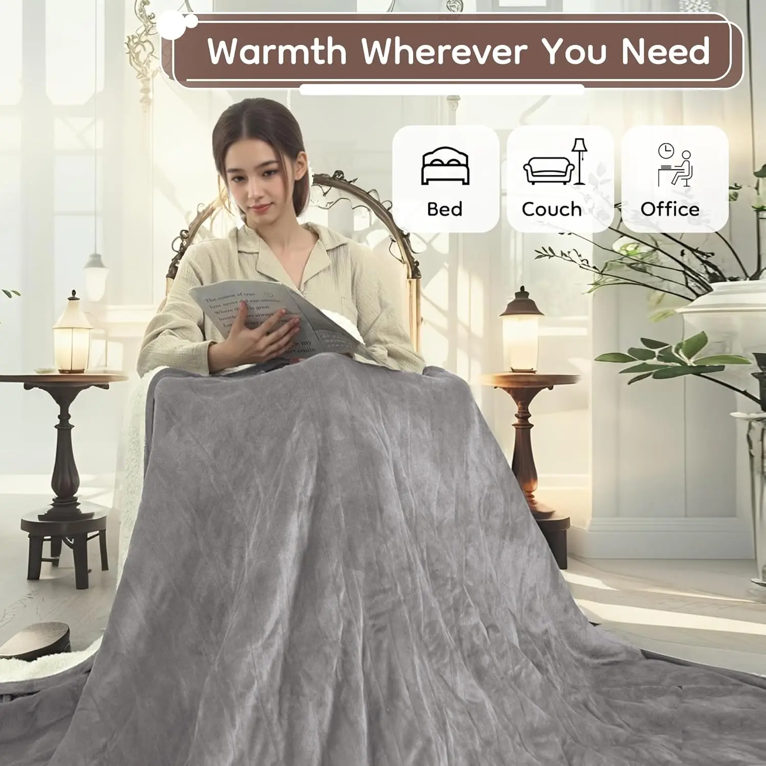電気毛布 フルサイズ 72x84、ソフトフランネル、10段階の温度調節と自動オフ機能付き、通気性があり洗濯可能、ライトグレー
