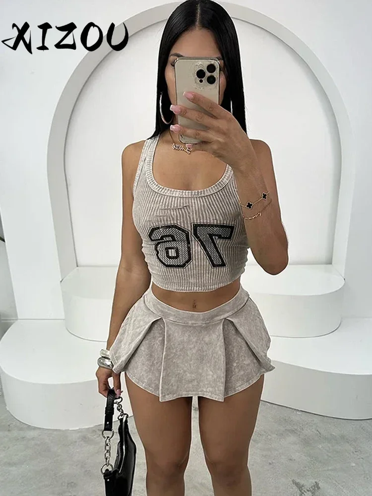 

XIZOU Digit Print Tracksuit Women 2 Piece Set Tie-Dye Print Tank Tops+Pleated Skirts Casual Simple Stretch Streetwear Suit