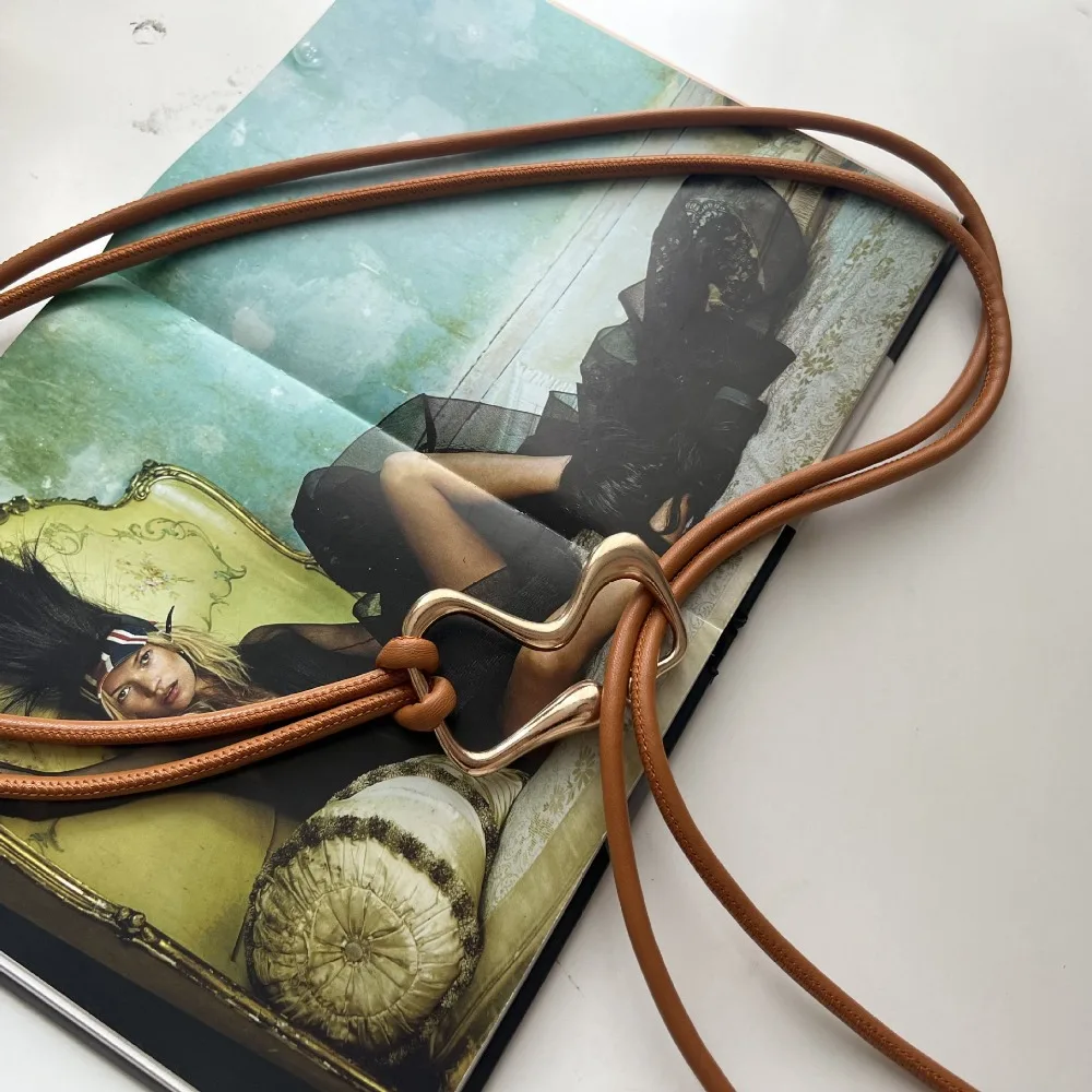 Vintage PU Leather Women Thin Belt Rope Knotted Long Dress Coat Waistband Golden Buckle Waist Chain Ladies Black Straps