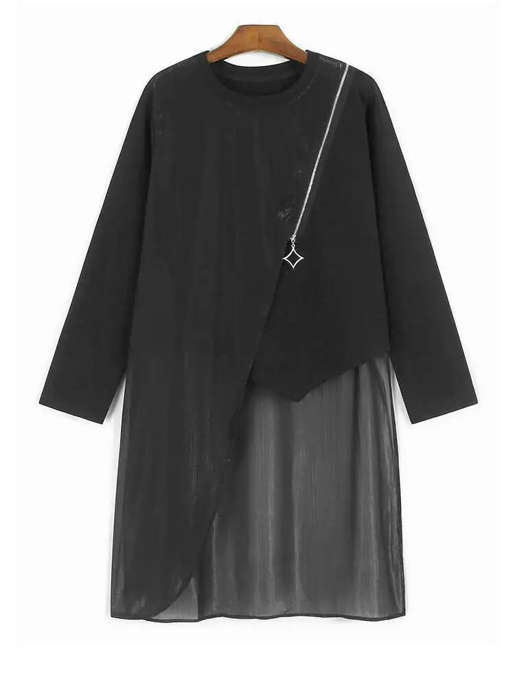 

Женская черная длинная футболка большого размера на молнии с неровным подолом, новая модная футболка с круглым вырезом и длинными рукавами, весна-осень