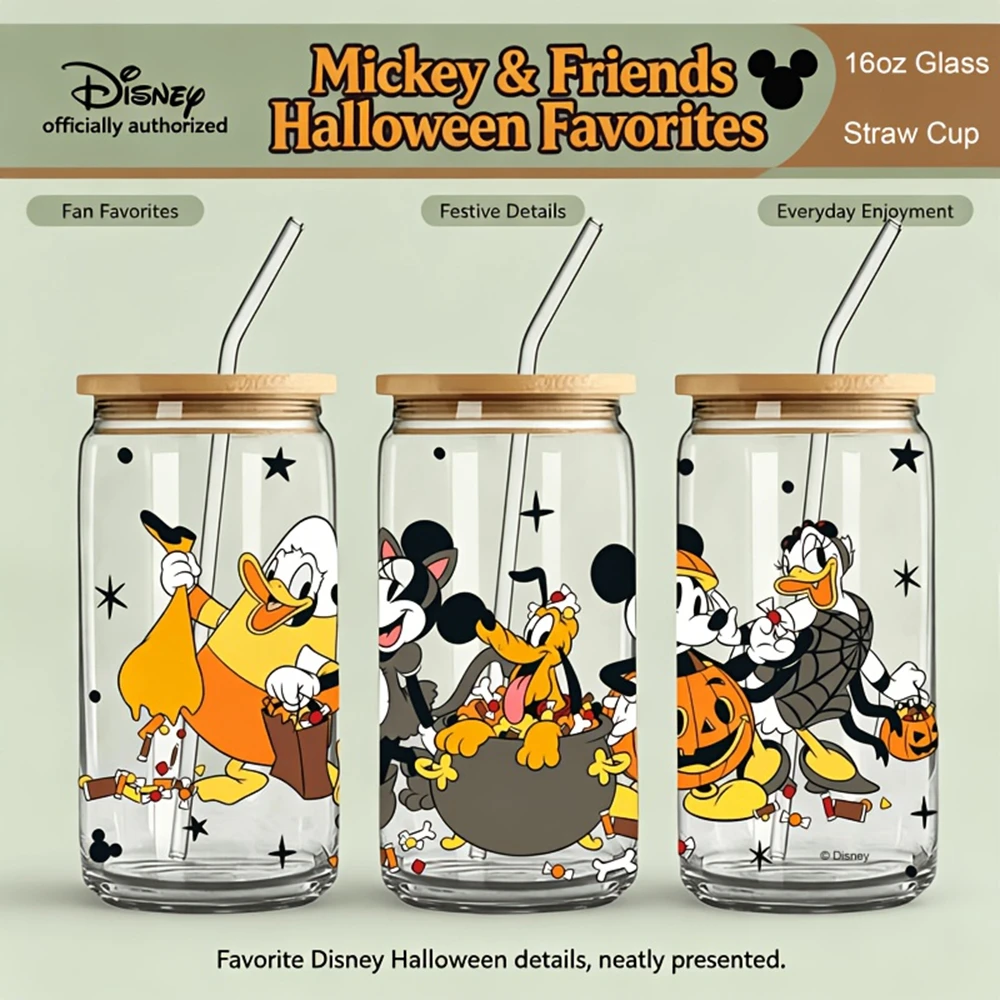 1pc 16oz Disney Mickey Minnie Donald Halloween Costumes Glass Tumbler with Lid & Straw Reusable Drinkware for Home Office Party