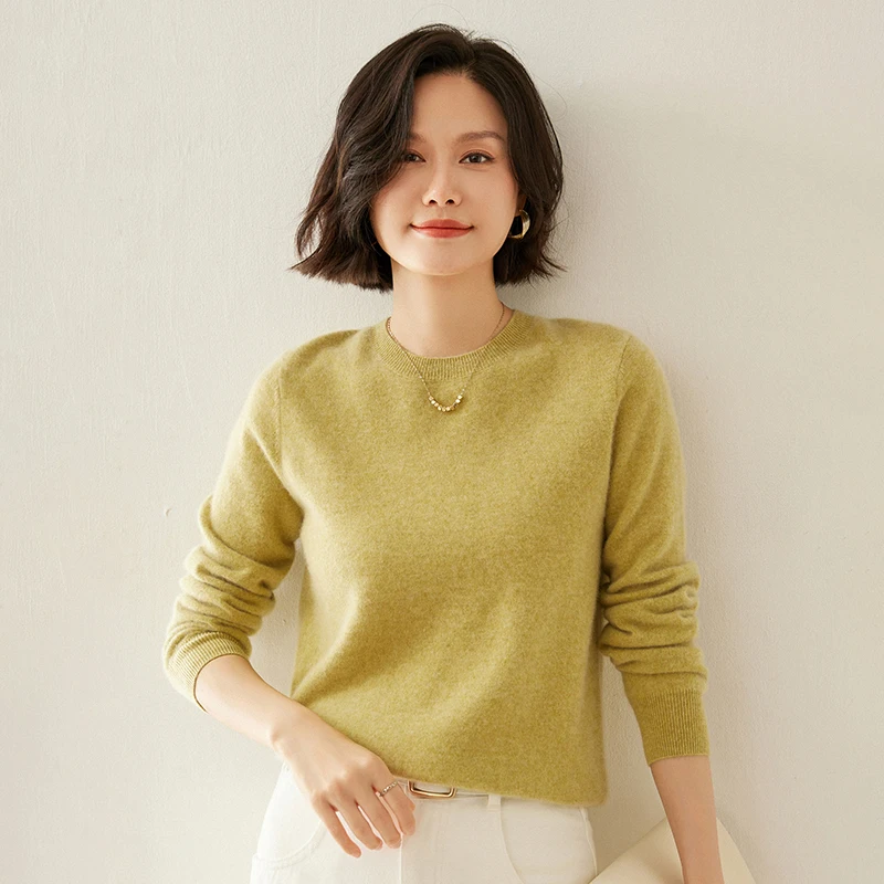 35% Cashmere Sweater Women's Casual Knitted Pullover Autumn and Winter Light and Warm 65% Wool Long-Sleeved Basic Round Neck Top