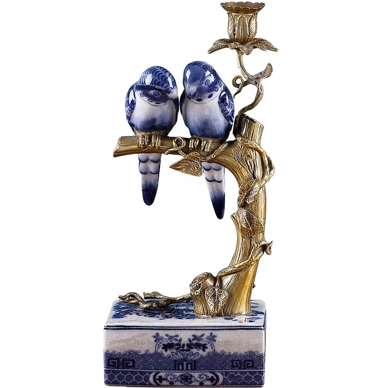 

European American Home Restaurant Fireplace Home Decoration Ceramic Bird Blue and White Porcelain Candlestick Holder