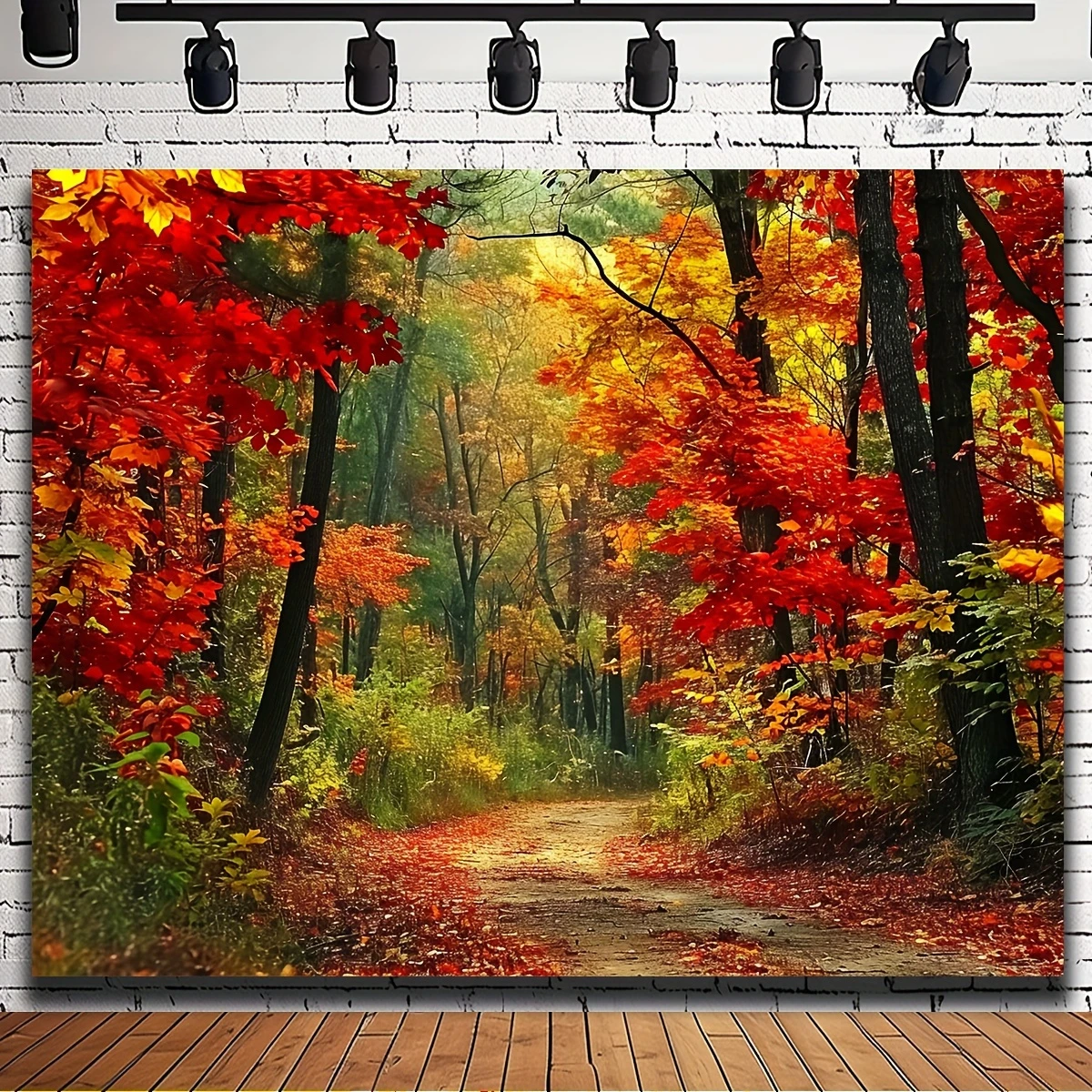 1 Stück lebendiger Herbstwald-Fotohintergrund – majestätische Bergstraße mit goldenen Blättern – ideal für Studio- und Banner-Dekoration