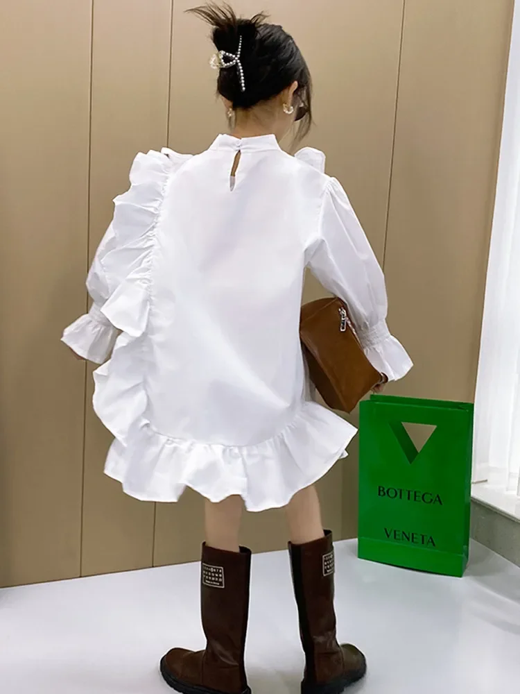 Brand Girls Shirt Dress 8 10 12 years Fashion Irregular Ruffles Dress New Long Sleeve Teenage Clothes