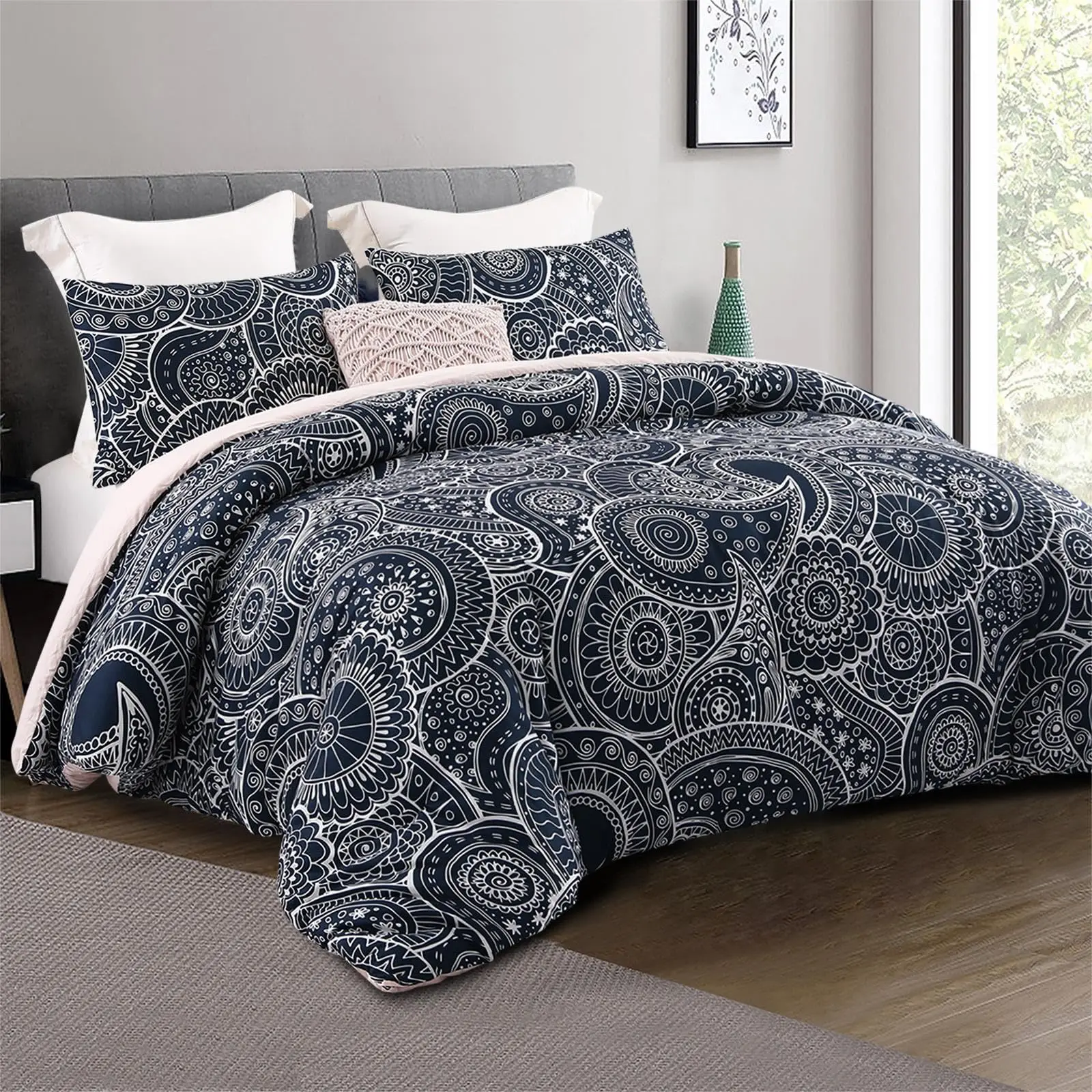 Paisley Comforter Set Queen Size,3 Piece Quilt Cover Boho Bedding Set Soft All Season 1 Comforter Cover 2 Pillow Shams Full Size