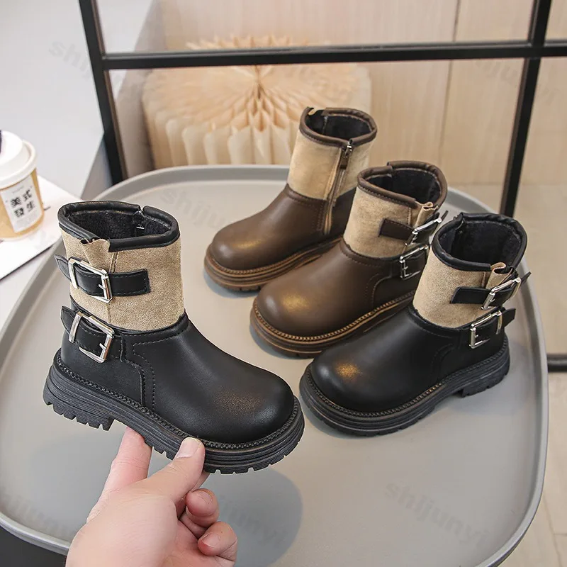 

Детские модные высокие повседневные высокие ботинки на толстой подошве в стиле ретро, осень 2023, универсальные короткие сапоги на массивном каблуке для девочек