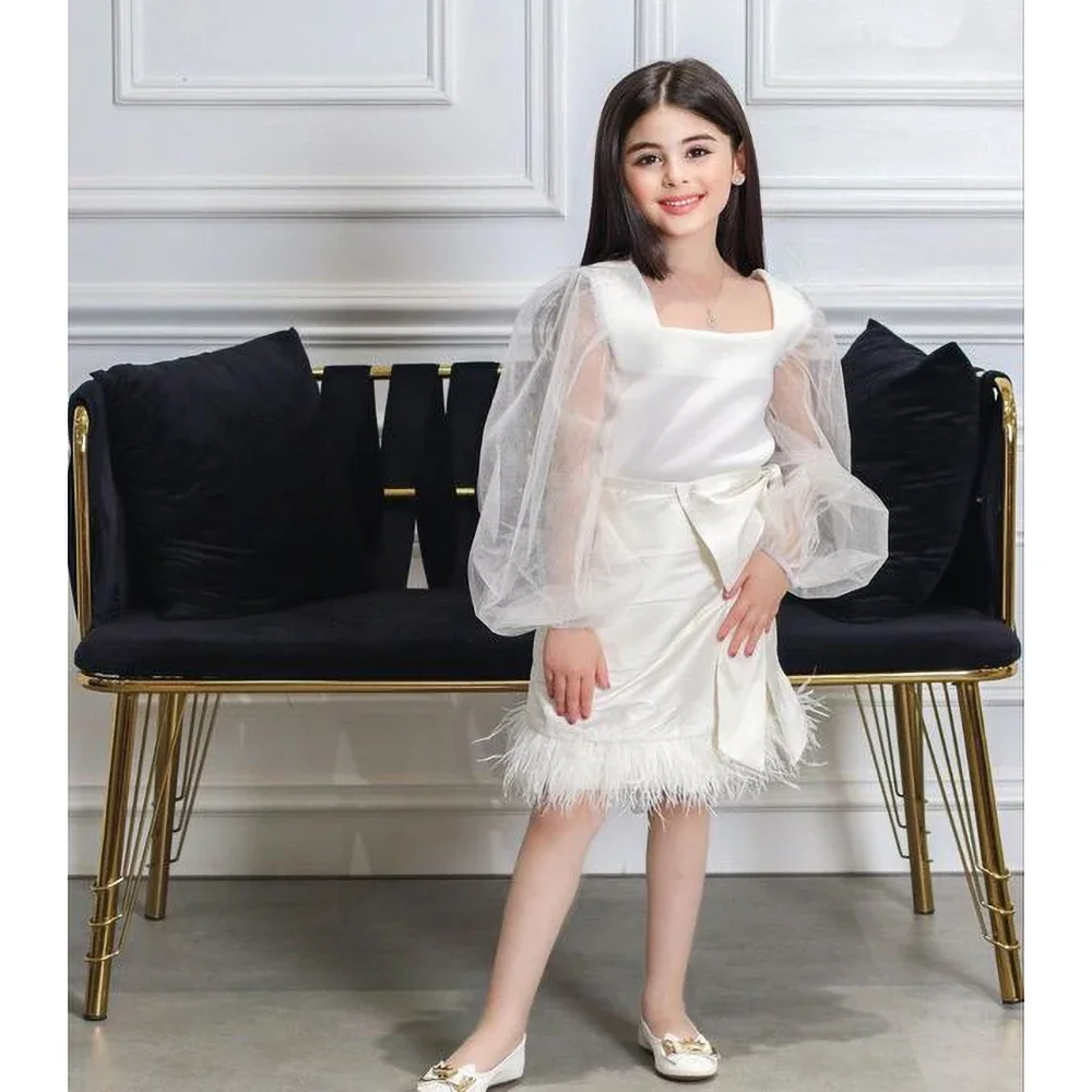 Chic Square Collar Puff Sleeves Tassel Girl Dresses White Elegant Pageant Party Wedding First Communion Knee-Length Kids Dress