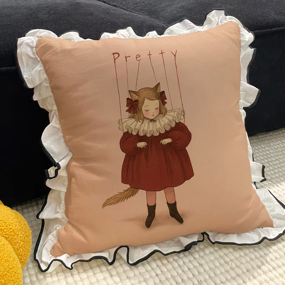 Cartoon Girl Printed Pillow Washed Cotton White Ruffled Sofa Bed Car Cushion Cover Pillow Core Home Decorative Pillowcase45x45cm