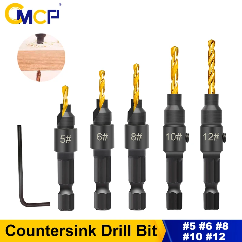 CMCP 5pcs Countersink Drill Bit Set Woodworking Drilling Pilot Holes Screw Hole Drill With Wrench for Screw #5 #6 #8 #10 #12