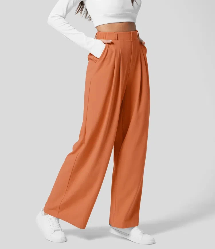 Damenhose, karierte, figurbetonte Hose mit weitem Bein und Taschen, hochtaillierte, lässige, figurbetonte Hose mit weitem Bein für Damen. – Detail 13