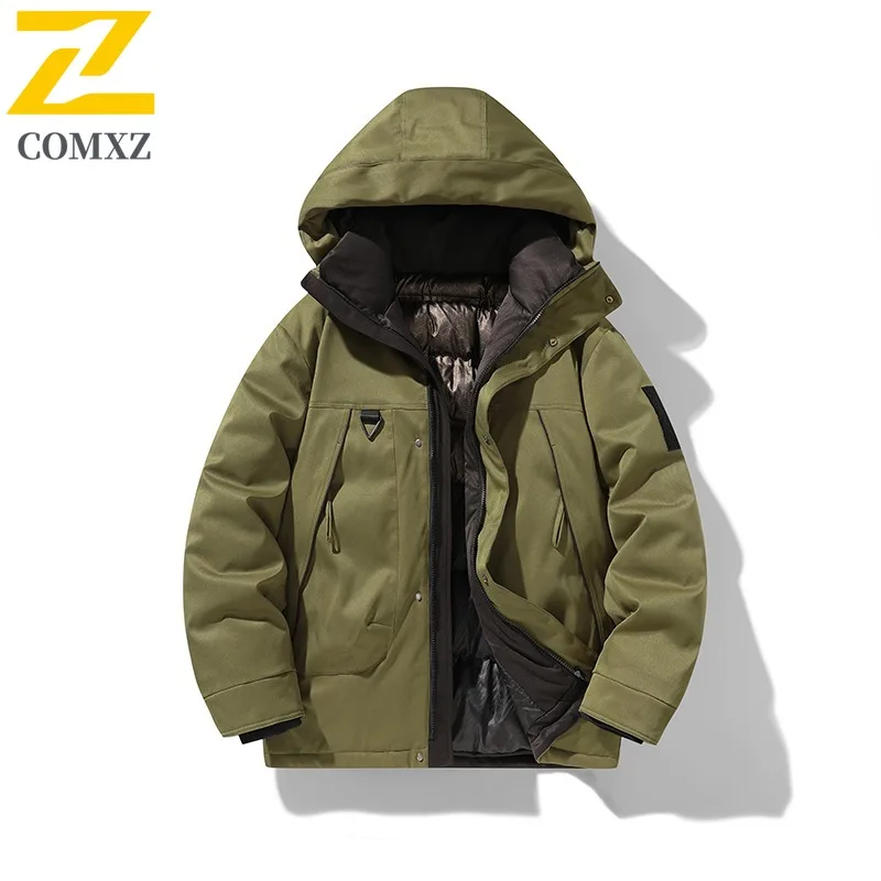 

COMXZ Men Outdoor Jacket Casual Hooded Mountaineering Windproof Warm Parka 2025 Comfort Travel Lightweight Winter Padded Coat