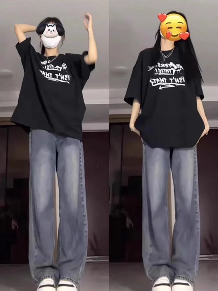 

American High Street Women's Jeans High Waist Wide Leg Retro Straight Cut Spring Autumn New Style Loose plus Size Shorties