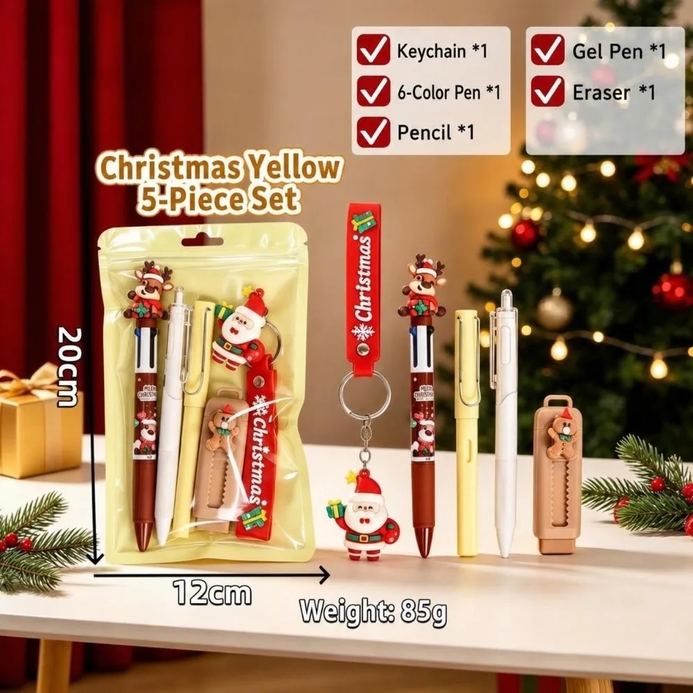 5Pcs Durable Gel Pen Christmas Stationery Set Pencil Eraser Keychain Santa Pen Gift Kit Santa Cartoon Gel Pen Students