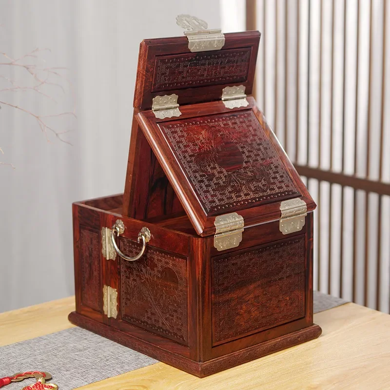 Vintage Red Rosewood Jewelry Box with Lock Large Capacity Storage Case for Women Retro Wooden Mirror Organizer Gift Elegant