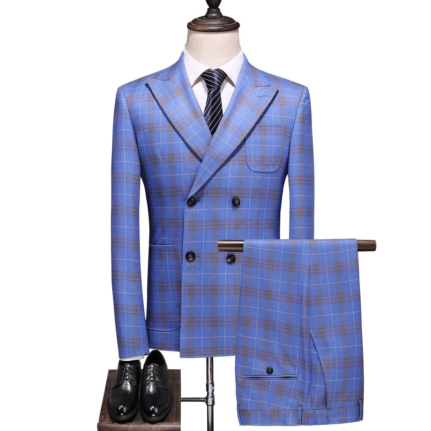 Fashion New Men Double Breasted Plaid Suit Coat Pants 2 Pcs Set / Male Slim Fit Business Wedding Blazers Jacket Trousers