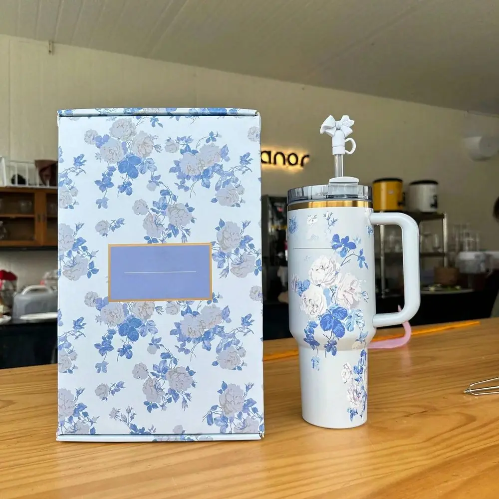 Romantic Flowers Printed Double Wall Stainless Steel Insulated Printed LeakProof With Lids And Straw ,Suitable For Christmas, V