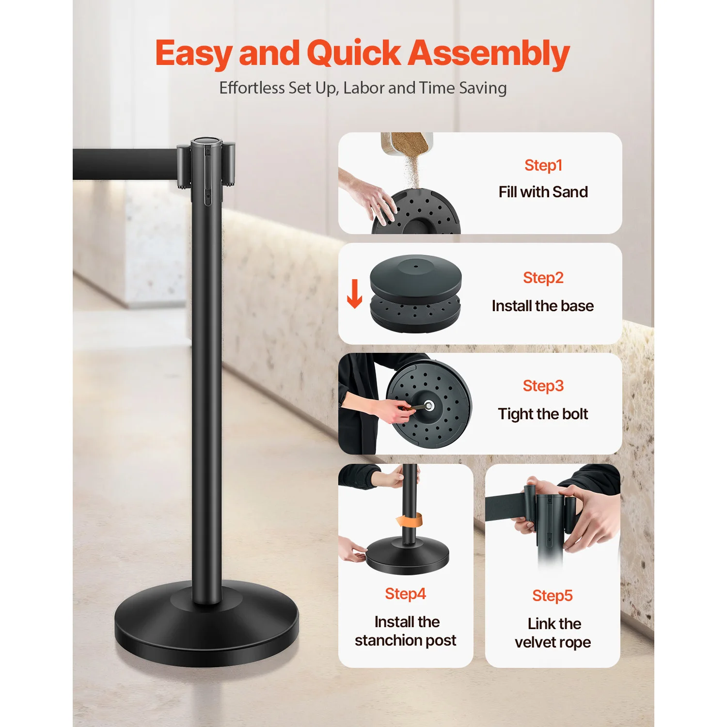 VEVOR Stanchion Post 4/6/8 قطعة من الدعامات المصنوعة من الفولاذ الكربوني مع أحزمة قابلة للسحب وقاعدة قابلة للتعبئة لمعرض حفلات الزفاف المسرحية