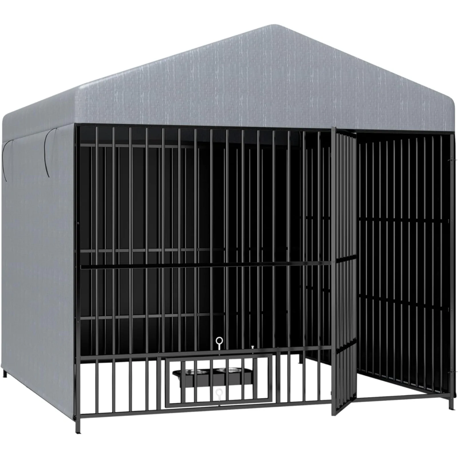 US Large Outdoor Dog Kennel with Bowls, Metal Pet Pens Dogs Enclosure Animal Hutch Run Chain Link Fence House w/Waterproof