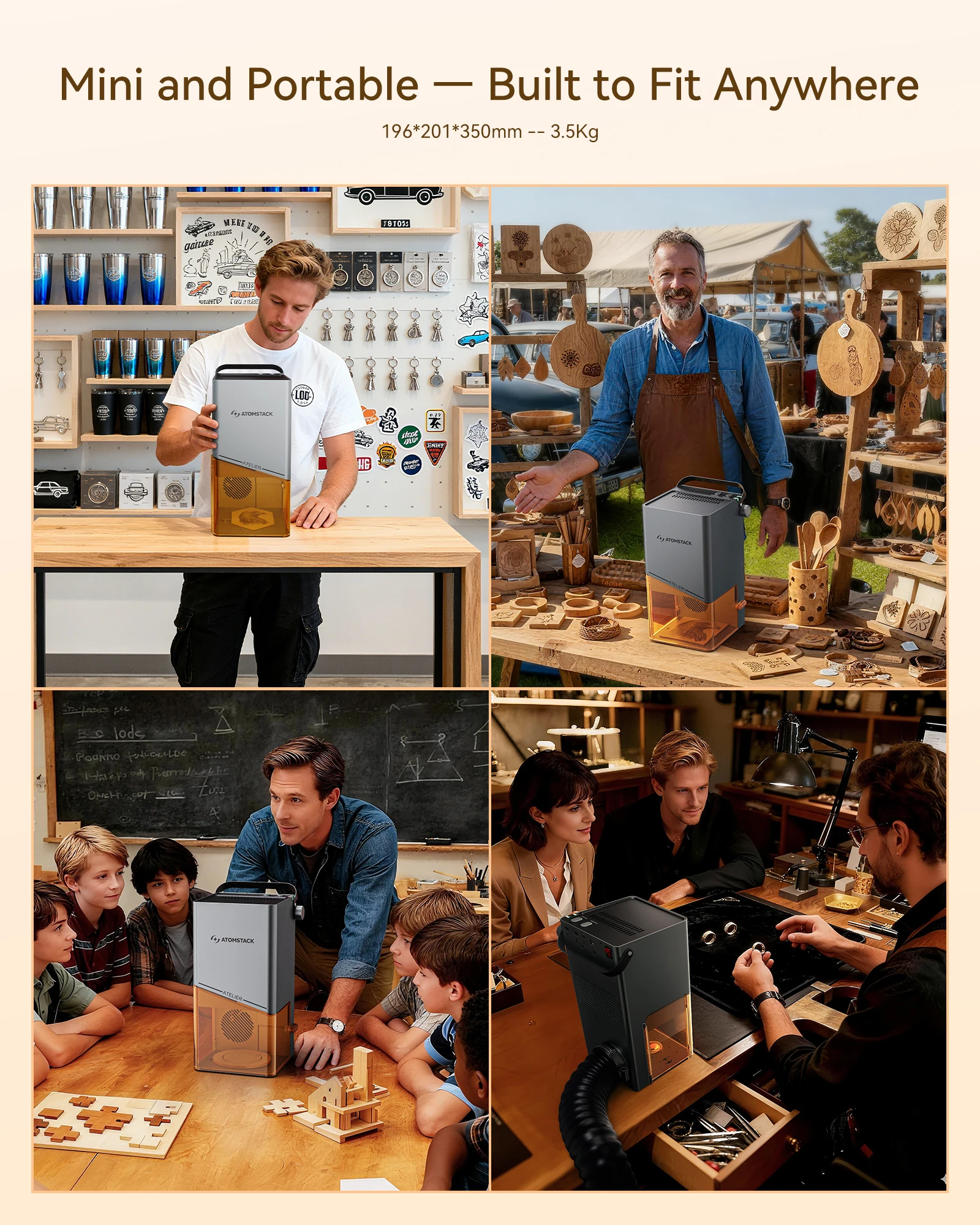 AtomStack Atelier حفارة ليزر محمولة 10 وات، مصدق للسلامة من الفئة 1 لورق الجلد الخشبي DIY