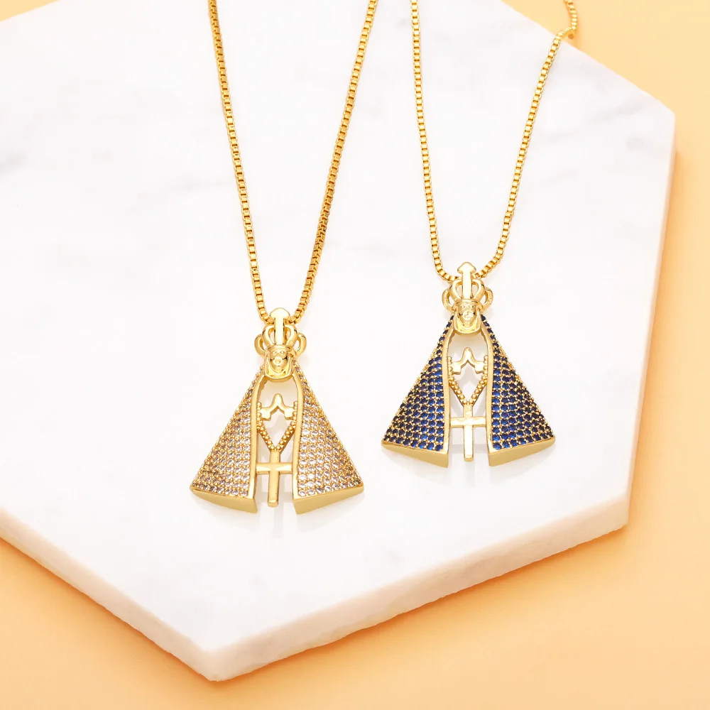Collar chapado en oro de Nuestra Señora de Aparecida para mujer, collar de cadena con caja de cobre, joyería católica Virgen de guadalupe nkeb153