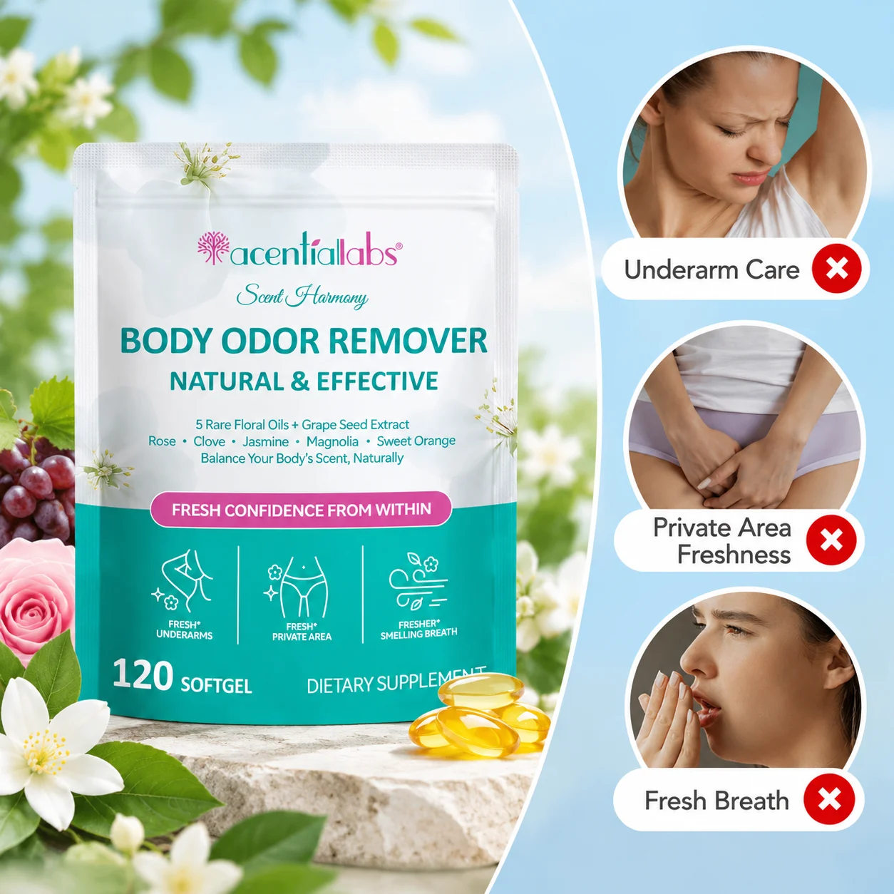 Body Deodorizing Softgels Internal Odor Control Fresh Breath Underarm Freshness Floral Blend Grape Seed Extract 1000mg 120 Count