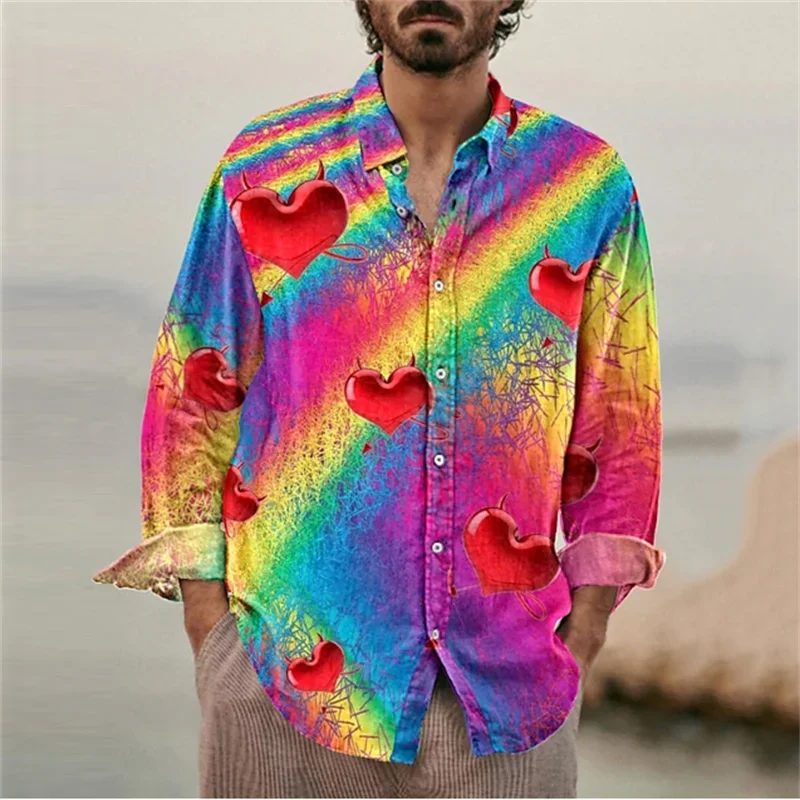 Shirt Men\'s Casual Outdoor Colorful Love Graffiti Rainbow Rose Men\'s Shirt Button Long Sleeve Lapel Plus Size New Hot Sale