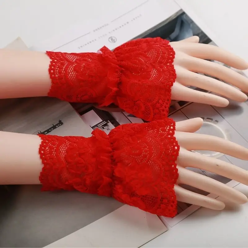 Fake Sleeves Detachable Women Cuff Extension Embroidery Lace Daisy Fake Sleeves Elastic Wrist Pleated Organ Lolita Fake Sleeve