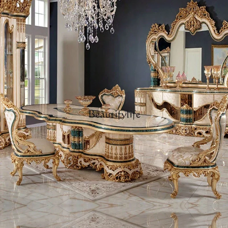 

Furniture Wood Carved Dining Table Fabric Dining Chair Combination