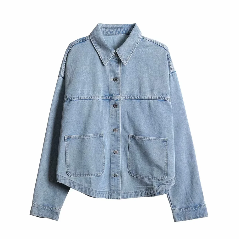 PB&ZA 2024 Spring New Women\'s Fashion temperament casual loose and versatile short flip collar single breasted denim jacket