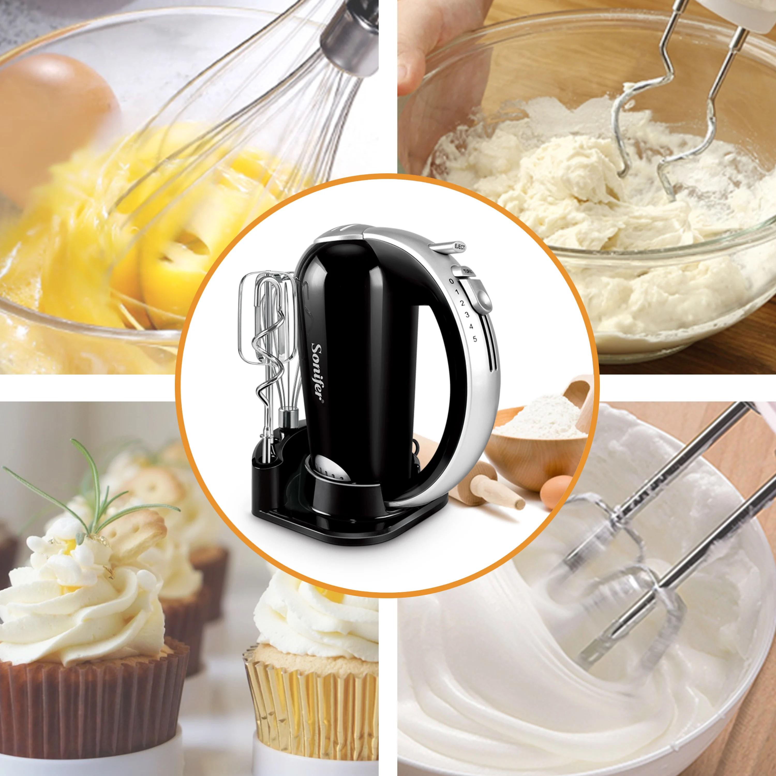 Food Mixer Electric Whisk Cuisine Kitchen Hand Blender With Dough Hooks Chrome Egg Beater For Cream Sweets Bakery Cake Sonifer