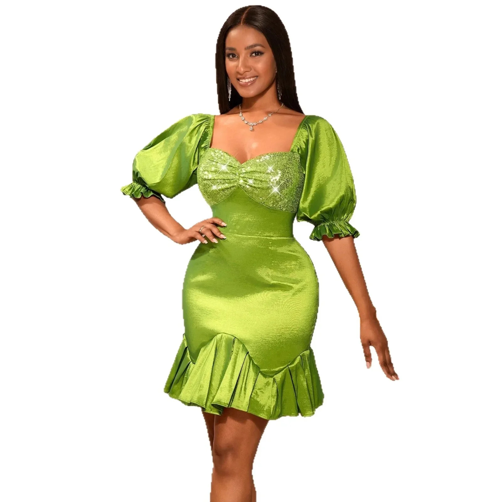 

Women Satin Midi Dress Sexy Square Neck Patchwork Puff Sleeves Sequin Embellished Bust Ruffled Hem Bodycon Fit or Evening Party