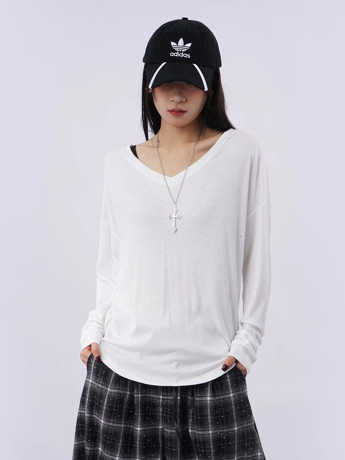 

immery V-Ne Long Sve Spor Cover up White T-irt Women's Design Sensible Hiphop Loose Casual Tulle Bright Particle Top