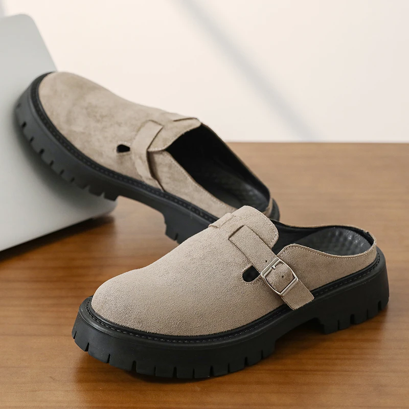 Letnie Nowe Męskie Modne Skórzane Buty na Niskim Obcasie Casualowe z Grubą Podeszwą Antypoślizgowe Buty Bez Palców Buty Wizytowe Rozmiary Męskie 38-45