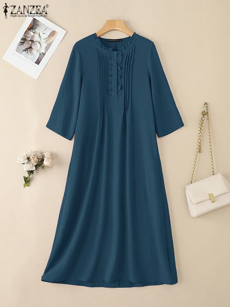 Zanzea vintage feminino camisa longa vestidos moda cor sólida midi vestido de verão 2025 botões casual solto manga 3/4 vestidos elegantes