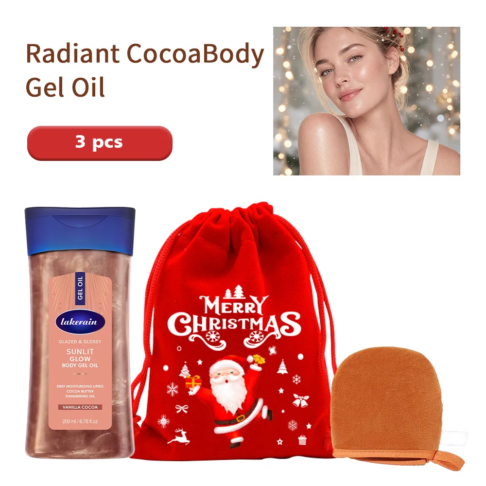 3pcs Christmas Gift Turmeric Cocoa Glow Body Gel Oil With Applicator Glove Vitamin C Vitamin B3 Moisturizing Smoothing Body Oil