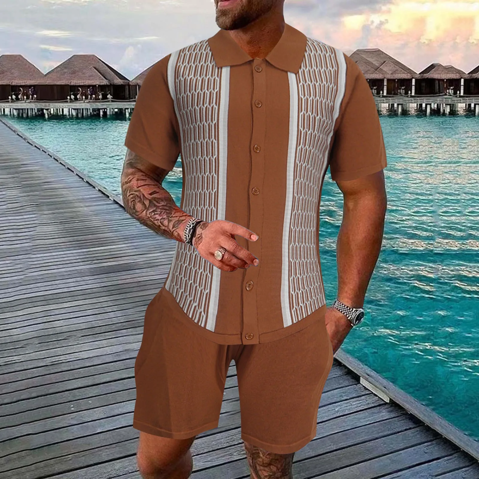 

Sweater Coats for Men Mens Suit Ice Silk Jacquard Two Piece Sweater Casual Shirt Set with Memory