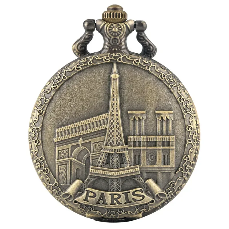 Classic Eiffel Tower Paris France Building Arabic Numeral Men Women Quartz Pocket Watch Necklace Pendant Chain Clock Souvenir